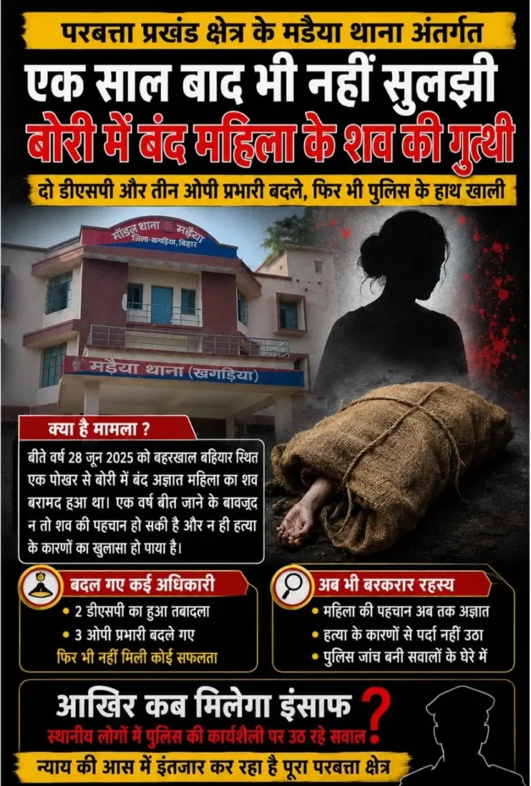 Khagaria Crime News: बहरखाल बहियार में बोरीबंद महिला शव की गुत्थी एक साल बाद भी अनसुलझी