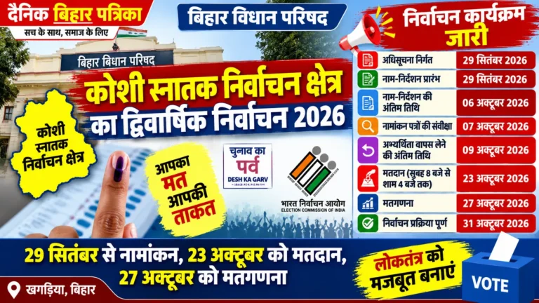 Khagaria News: कोशी स्नातक निर्वाचन क्षेत्र के द्विवार्षिक चुनाव का कार्यक्रम जारी, 23 अक्टूबर को मतदान